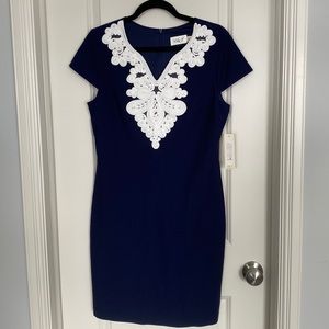 Eliza J Navy dress with Embroidered Neck, cap sleeve size 12